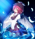  animal_ears belt blue_background blush earrings feathers ginzake_(mizuumi) hand_on_own_chest hand_to_chest hat jewelry kneeling magic_circle mystia_lorelei open_mouth outstretched_hand pink_hair shake_(sakana) short_hair singing solo touhou water wings yellow_eyes 