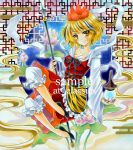  at_classics black_hair blonde_hair breasts brown_eyes flower jeweled_pagoda marker_(medium) multicolored_hair pagoda polearm sample short_hair solo spear tiger_print toramaru_shou touhou traditional_media two-tone_hair weapon 