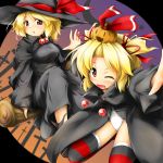  alternate_costume alternate_hairstyle blonde_hair breasts broom broom_riding dual_persona fang halloween hat multiple_girls outstretched_arms panties pr0vidence pumpkin pumpkin_hair_ornament red_star_(toranecomet) rumia short_twintails sidesaddle smile spread_arms the_embodiment_of_scarlet_devil thigh-highs thighhighs touhou twintails underwear wink witch_hat youkai 