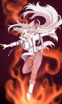  :d bangs belt black_background bouncing_breasts bow breasts fiery_background fire flame fujiwara_no_mokou ginko_(nico) hair_bow hair_ribbon highres hips impossible_clothes impossible_clothing impossible_shirt jeans jumping large_bow long_hair looking_at_viewer night open_mouth outstretched_arms red_eyes ribbon shoes silver_hair sleeves_rolled_up smile solo suspenders touhou unaligned_breasts very_long_hair white_hair wide_hips 