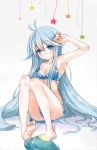  armpits barefoot blue_eyes blue_hair blush bra breasts cleavage denpa_onna_to_seishun_otoko feet letta lingerie long_hair off_shoulder soles solo sparkle strap_slip touwa_erio ufo underwear very_long_hair 