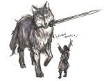  great_grey_wolf_sif kitsunen_(kitune_n) kitunen mouth_hold sword translation_request weapon wolf 