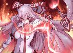  &gt;:( bangs bird bow breasts fire fujiwara_no_mokou ginko_(nico) hair_bow hair_ribbon impossible_clothes impossible_clothing impossible_shirt large_bow long_hair looking_at_viewer outstretched_hand phoenix red_eyes ribbon solo suspenders touhou very_long_hair white_hair 