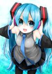  akira_ry0 aqua_eyes aqua_hair hands_on_headphones hatsune_miku headphones highres long_hair necktie open_mouth smile solo thighhighs twintails very_long_hair vocaloid 