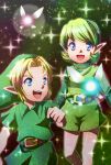 1girl :d azumi_(tks-sd) belt blonde_hair blue_eyes fairy green_hair link long_sleeves navi nintendo ocarina_of_time open_mouth pointy_ears saria shorts smile sparkle the_legend_of_zelda tks-sd tunic turtleneck young_link 
