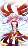  bandage bandages black_legwear breasts center_opening cleavage detached_sleeves gensui guilty_crown long_hair looking_at_viewer navel open_mouth pink_hair red_eyes solo thigh-highs thighhighs yuzuriha_inori 