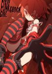  bare_shoulders belt blade_(lovewn) boots collar foreshortening from_below gloves hands highres leg_up pixiv_punk_and_rock red_eyes red_hair redhead short_hair short_shorts shorts solo strap_slip striped striped_legwear thigh-highs thigh_strap thighhighs 