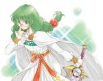  adjusting_glasses belt braid brooch cape dress glasses green_background green_hair jewelry k-mame long_hair philia_felice purple_eyes solo sword tales_of_(series) tales_of_destiny twintails violet_eyes weapon white_dress 