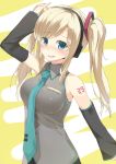  arm_up blonde_hair blue_eyes blush boku_wa_tomodachi_ga_sukunai breasts cccpo cosplay detached_sleeves hatsune_miku hatsune_miku_(cosplay) headphones kashiwazaki_sena long_hair necktie open_mouth pun solo vocaloid 