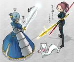  alternate_hairstyle armor armored_dress blue_eyes blue_hair bow cosplay creator_connection crossover dress dual_wielding excalibur fate/stay_night fate/zero fate_(series) gae_buidhe gae_dearg gauntlets hair_bow hair_up highres kyubey lance lancer_(fate/zero) lancer_(fate/zero)_(cosplay) long_hair magical_girl mahou_shoujo_madoka_magica miki_sayaka multiple_girls parody polearm ponytail red_eyes red_hair redhead saber saber_(cosplay) sakura_kyouko spear spears sword teralimit translation_request urobuchi_gen weapon weapon_connection 