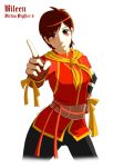  blush_stickers brown_eyes brown_hair character_name chinese_clothes eileen fingerless_gloves gloves mievol3333 pointing short_hair solo title_drop virtua_fighter virtua_fighter_5 white_background 