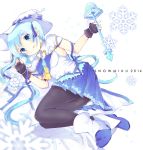  1girl blue_eyes hat hatsune_miku magical_girl pantyhose rabbit sakuramocchi smile snowflakes solo vocaloid wand witch_hat yuki_miku 