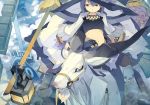  bag bird black_eyes blue_hair broom capelet fantasy goat hat horns lantern midriff original reflection riding road_sign short_hair sign solo water witch_hat 
