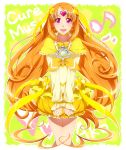  1girl bow brooch bubble_skirt character_name choker circlet cure_muse cure_muse_(yellow) dress earrings hair_ribbon heart jewelry long_hair magical_girl musical_note orange_hair precure purple_eyes ribbon shirabe_ako smile solo suite_precure violet_eyes yellow 