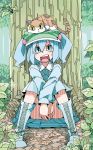  animal animal_on_head blue_eyes blue_hair boots cat cat_on_head covering covering_crotch d@i hair_bobbles hair_ornament hat highres kawashiro_nitori key leaf nature open_mouth outdoors plant short_hair sitting solo touhou tree twintails 