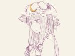  1girl bust crescent hat kawashina_(momen_silicon) long_hair monochrome patchouli_knowledge simple_background solo touhou 