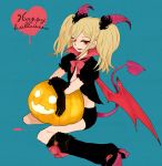  afuro_terumi androgynous blonde_hair blue_background demon_tail demon_wings halloween happy_halloween horns inazuma_eleven inazuma_eleven_(series) l_hakase leg_warmers long_hair male pumpkin red_eyes solo tail trap twintails wings 