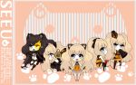  apple black_hair black_rock_shooter blonde_hair blue_eyes boots chibi cosplay food fruit hair_ribbon hat headphones highres honeynuts koi_wa_sensou_(vocaloid) magnet_(vocaloid) megaphone pantyhose ribbon romeo_to_cinderella_(vocaloid) seeu skirt smile songover symbol-shaped_pupils tears thighhighs vocaloid 