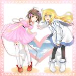  aqua_eyes black_legwear blonde_hair brown_eyes brown_hair choker coat colette_brunel dress hair_ornament hairpin heart kawamura_raichi leaning_forward long_hair mary_janes multiple_girls pantyhose reala shoes short_hair smile tales_of_(series) tales_of_destiny_2 tales_of_symphonia thigh-highs thighhighs white_legwear 