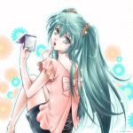  aqua_eyes aqua_hair flower hair_flower hair_ornament hatsune_miku kurisu_hitomi long_hair looking_back mirror sitting solo twintails very_long_hair vocaloid 