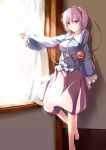  absurdres adult against_wall barefoot bird_on_hand blush breasts eyeball fal_maro hairband heart highres komeiji_satori pink_eyes pink_hair purple_eyes short_hair skirt smile solo standing sunlight third_eye touhou window 