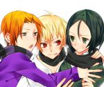  black_hair blonde_hair blush bob_cut fate/stay_night fate/zero fate_(series) gilgamesh green_eyes haine33 haine_(howling) male multiple_boys necktie open_mouth orange_hair red_eyes scarf short_hair smile sweat uryuu_ryuunosuke waver_velvet 