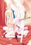  angel angel_wings artist_request b.tarou blonde_hair blue_eyes blush bow chain copyright_request hair_bow halo kneeling long_hair ribbon shackle solo source_request sunbeam sunlight sword thigh-highs thighhighs weapon wings 
