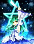  arm_up armpits artist_request bare_shoulders blush breasts bust detached_sleeves gohei green_hair hair_ornament hair_tubes kochiya_sanae kozue1120 long_hair no_bra open_mouth pentagram skirt snake solo star touhou yellow_eyes 