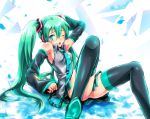  armpits bare_shoulders boots detached_sleeves green_eyes green_hair hatsune_miku long_hair necktie nyamako open_mouth panties pantyshot pantyshot_(sitting) pantyshot_sitting sitting skirt solo striped striped_panties thigh-highs thigh_boots thighhighs twintails underwear very_long_hair vocaloid wink 