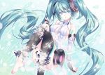  1girl aqua_eyes aqua_hair bridal_gauntlets center_opening digital_dissolve hatsune_miku long_hair miku_append necktie shito_(ash_shito) sitting solo thigh-highs twintails very_long_hair vocaloid vocaloid_append 