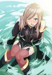  bare_shoulders black_legwear blue_eyes blush boots brown_hair detached_sleeves garter_straps gloves hyakuen_raitaa long_hair partially_submerged tabard tales_of_(series) tales_of_the_abyss tear_grants thigh-highs thighhighs water wet wet_clothes 