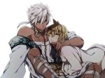  2boys ali_baba_saluja blonde_hair chain chains dark_skin earrings jewelry magi_the_labyrinth_of_magic male multiple_boys sharrkan short_hair subaru_(hz) white_hair yaoi yellow_eyes 