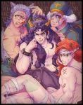  4boys bandages chocoblood cross cross_earrings earrings esidisi facial_mark grey_hair halloween hat horns jewelry jojo_no_kimyou_na_bouken kars_(jojo) multiple_boys purple_hair redhead santana_(jojo) tattoo wamuu werewolf white_hair 