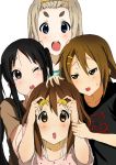  alternate_hairstyle black_eyes black_hair blonde_hair blue_eyes blush brown_eyes brown_hair denchuu food hair_ornament hairband hairclip hirasawa_yui k-on! kotobuki_tsumugi laughing long_hair multiple_girls open_mouth radish raised_eyebrow short_hair sweat t-shirt tainaka_ritsu tears twintails 