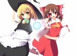  2girls bare_shoulders blonde_hair braid brown_hair detached_sleeves ebiebiebio hair_ribbon hair_tubes hakurei_reimu hat kirisame_marisa miko multiple_girls navel red_eyes ribbon side_braid touhou witch witch_hat yellow_eyes 