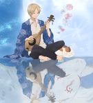  animal biwa_lute brown_eyes brown_hair cat closed_eyes different_reflection eyes_closed fox haori indian_style instrument japanese_clothes lute_(instrument) madara_(natsume_yuujinchou) natsume_takashi natsume_yuujinchou nyanko pocky1202 reflection sitting 