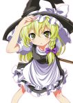  1girl adjusting_clothes adjusting_hat apron black_dress blonde_hair bow braid dress hair_ribbon hat hat_bow highres kirisame_marisa long_hair looking_at_viewer ma-yu open_mouth puffy_sleeves ribbon short_sleeves simple_background single_braid solo touhou waist_apron white_background witch_hat yellow_eyes 