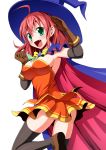  1girl :d ahoge alice_wishheart black_legwear breasts bucchake_(asami) cape dress elbow_gloves fang gloves green_eyes hat large_breasts leg_up legs magical_halloween open_mouth orange_dress red_hair redhead short_hair simple_background skirt smile solo thighhighs thighs witch_hat 