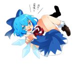  bad_id blue_dress blue_eyes blue_hair bobby_socks bow cirno dress fang footwear hair_bow ice ice_wings looking_at_viewer mary_janes open_mouth pointing ribbon shoes short_hair simple_background socks solo tooru_(jux) touhou white_background wings 