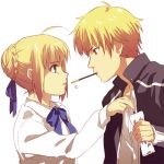  blonde_hair dress fate/stay_night fate_(series) gilgamesh green_eyes hair_ribbon pocky red_eyes ribbon saber short_hair yone_f15 