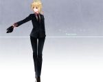  blonde_hair fate/stay_night fate/zero gloves green_eyes long_hair necktie ponytail saber suit tie 