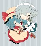  ahoge apron bad_id bat_wings blue_hair braid chibi closed_eyes eyes_closed fang hair_ribbon haru_(kyou) hat heart izayoi_sakuya maid maid_headdress multiple_girls open_mouth red_eyes remilia_scarlet ribbon shirt short_hair silver_hair skirt skirt_set smile touhou wings wink wrist_cuffs wrist_ribbon 