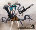  ammunition_belt backpack bag bandage bandages bandaid blue_eyes blue_hair character_name dual_wielding gatling_gun gun hair_bobbles hair_ornament hat highres kawashiro_nitori key mechanical_arm midriff minigun navel randoseru rocket_launcher shinebell short_hair shorts smile solo tank_top touhou twintails weapon 