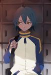  green_hair harano inazuma_eleven inazuma_eleven_(series) inazuma_eleven_go jacket kariya_masaki locker male raglan_sleeves smile track_suit yellow_eyes 