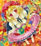  apple at_classics barefoot blonde_hair blush breasts cleavage dress dress_lift food from_above fruit grapes hair_ornament hat leaf marker_(medium) orange pear red_eyes sample short_hair smile touhou traditional_media 