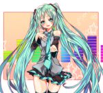  aqua_eyes aqua_hair bad_id detached_sleeves hand_on_own_chest hand_to_chest hatsune_miku head_tilt headset long_hair necktie open_mouth outstretched_arm skirt solo thigh-highs thighhighs tsukasa_kinako twintails very_long_hair vocaloid 