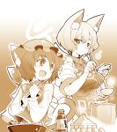  animal_ears blush bottle bust cat_ears cat_tail chen chopsticks cooking drooling earrings egg flour food fox_ears fox_tail hat heart heart_tail highres jewelry kitsune_choukan kitsune_udon_(artist) ladle monochrome multiple_girls multiple_tails no_hat no_headwear plate pot sleeves_rolled_up tabard tail touhou wok yakumo_ran 