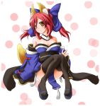  animal_ears bare_shoulders black_legwear bow breasts caster_(fate/extra) cleavage clog_sandals detached_sleeves fate/extra fate/stay_night fate_(series) fox_ears fox_tail hair_bow hair_ribbon ikki_(pixiv) japanese_clothes red_hair redhead ribbon sitting smile solo tail thigh-highs thighhighs twintails yellow_eyes 