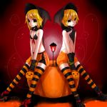  1boy 1girl bikini_top blonde_hair boy female girl gloves halloween hat highres kagamine_len kagamine_rin male pointy_ears pumpkin short_hair siblings skirt striped striped_legwear thigh-highs thighhighs twins vocaloid witch_hat yellow_eyes zettai_ryouiki 