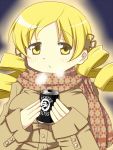 :/ :o blonde_hair breasts breath can coat coffee drill_hair frown hair_ornament kame_no_nin large_breasts mahou_shoujo_madoka_magica official_style scarf solo tomoe_mami yellow_eyes 